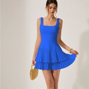 Commense Blue Pleated Mini Dress